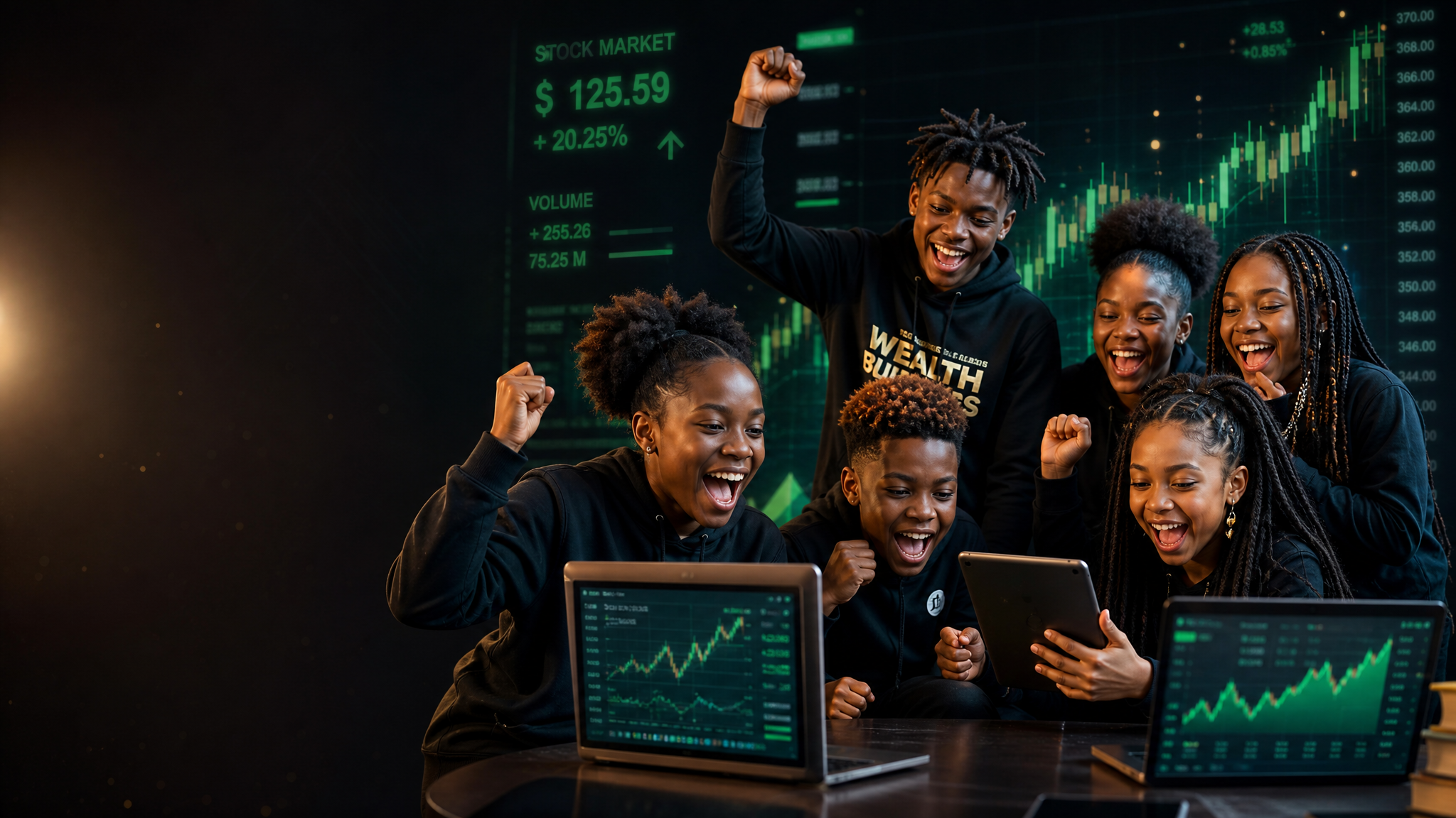 Black kids and teens celebrating together around laptops showing rising stock market charts